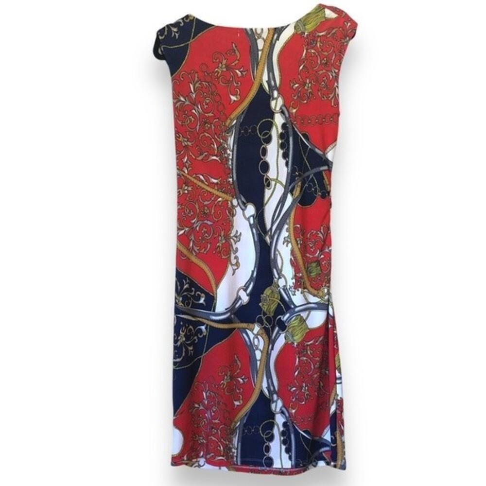 Talia Dress Orange/Navy/Yellow Drape Neck Sleeveless Dress - Size M - Picture 2 of 6